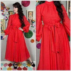 Vintage 1960s Red Long Sleeve Chiffon Fit and Flare Midi Dress